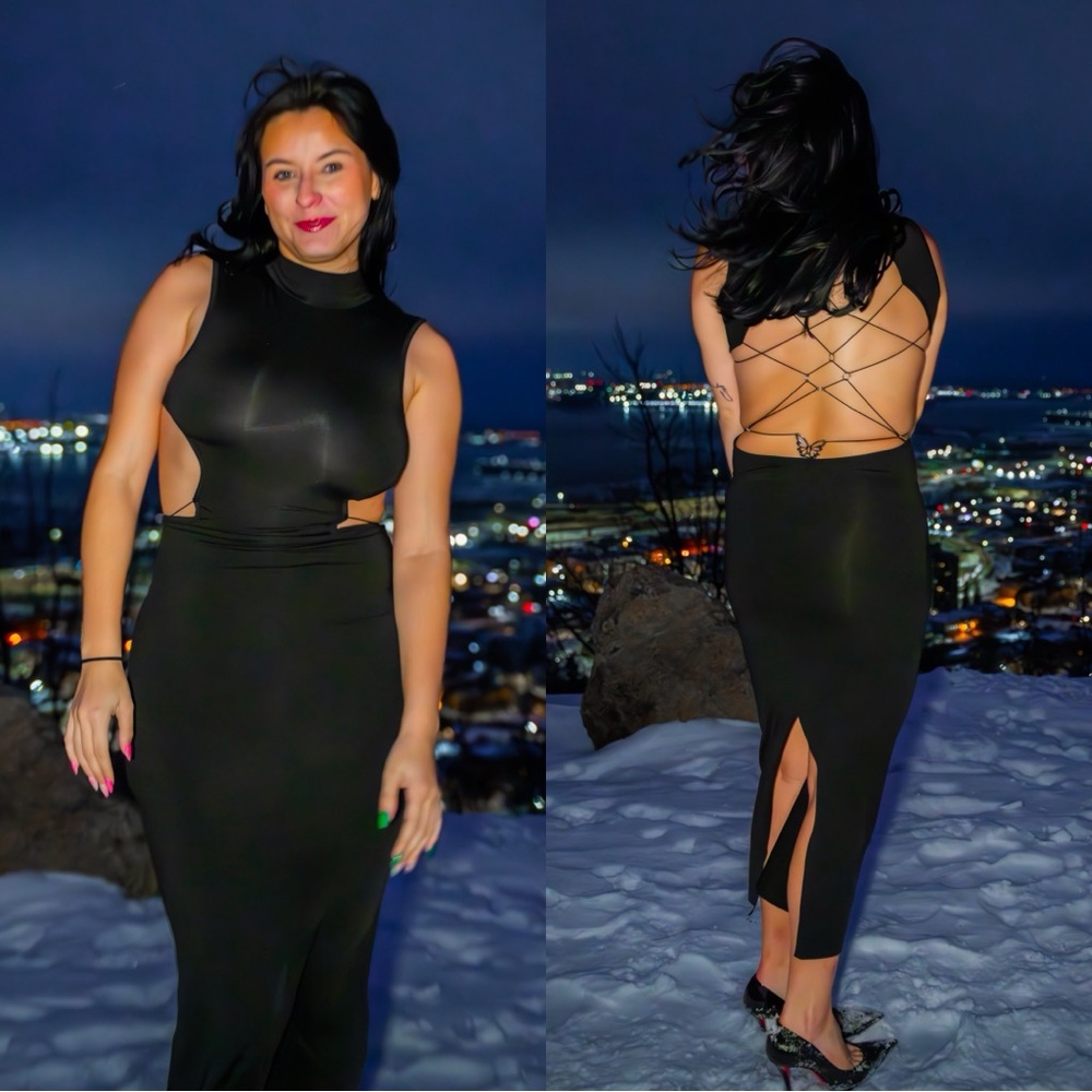 Elegant Black Sleeveless Dress with butterfly accent